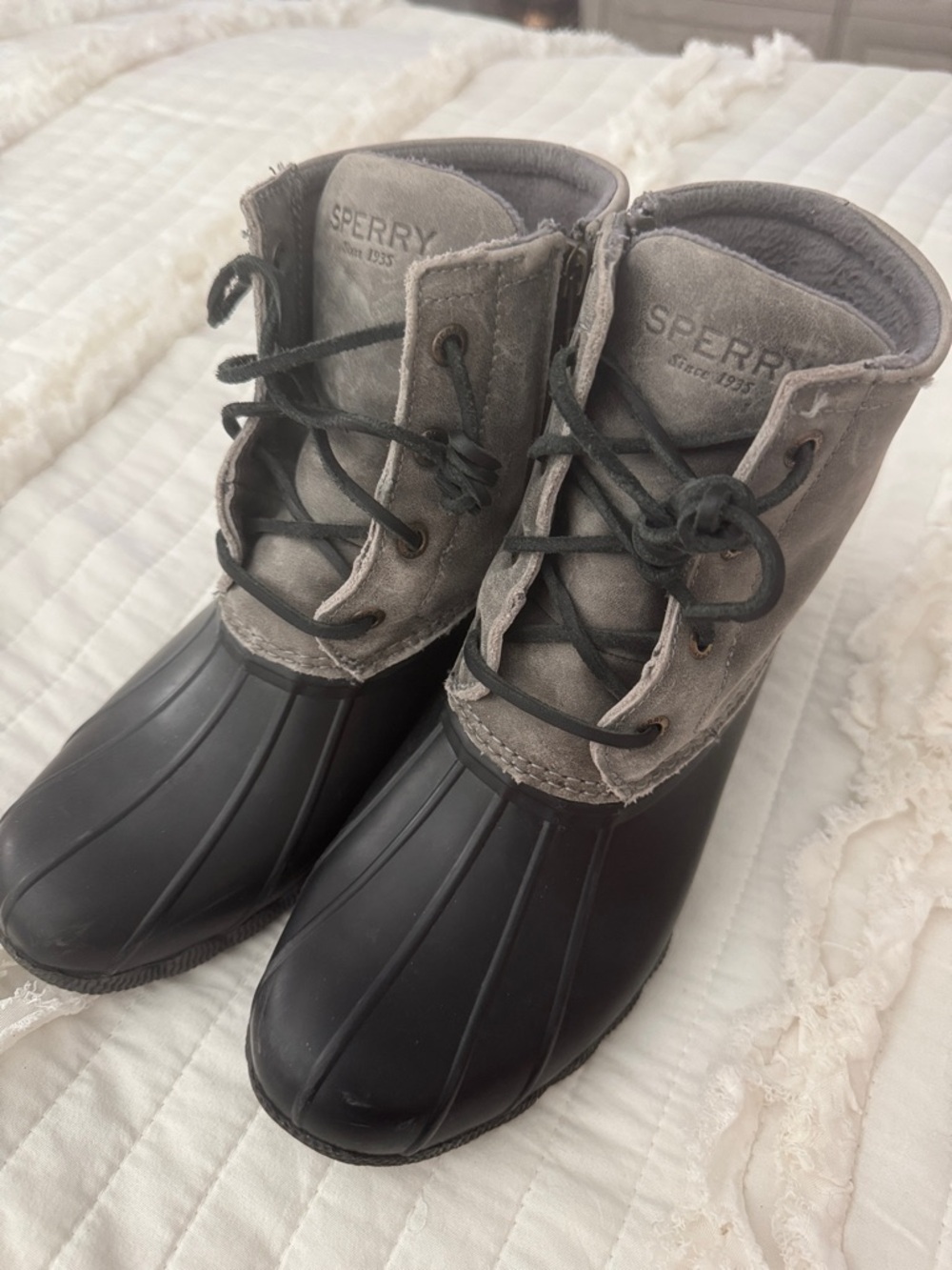 Sperry Two-Tone Gray and Black Lace-Up Duck Boots